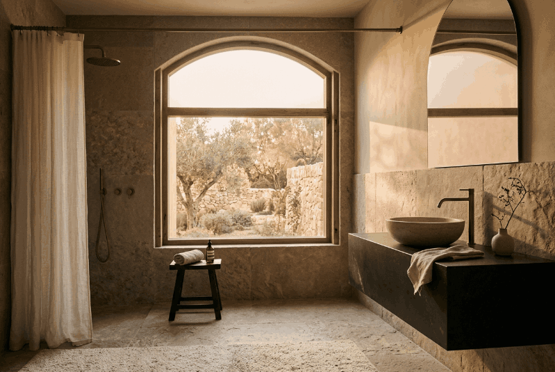Atmospheric bathroom interior in warm light